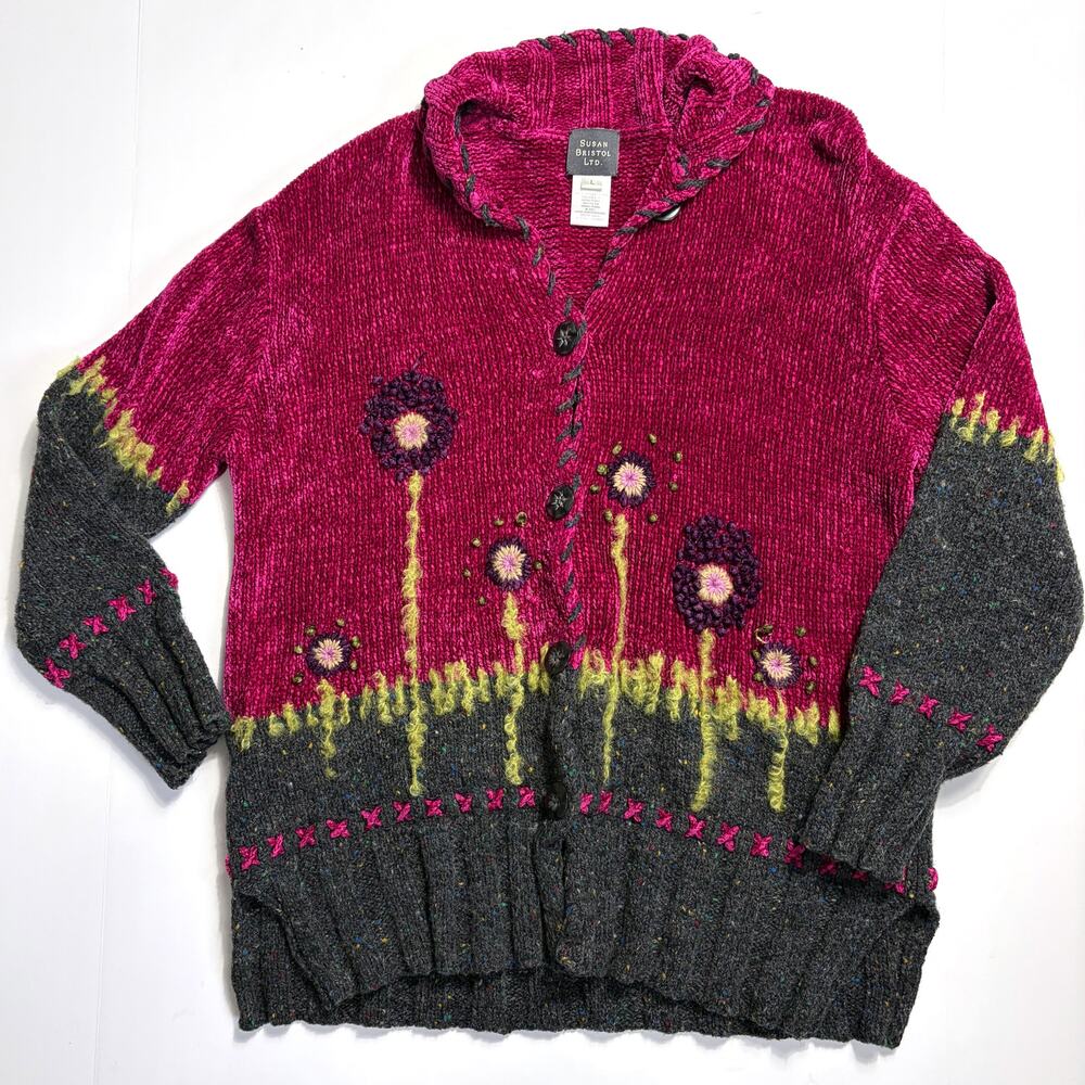 Vintage 2001 Susan Bristol Hand Embroidered Wool Blend Cardigan Size L